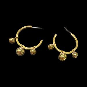 Gold-Plated Hoop Earrings With Dangling Beads & Textured Design Vintage
